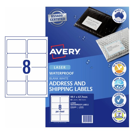 Waterproof Shipping Labels 959409 Content: 80 Labels / 10 Sheets