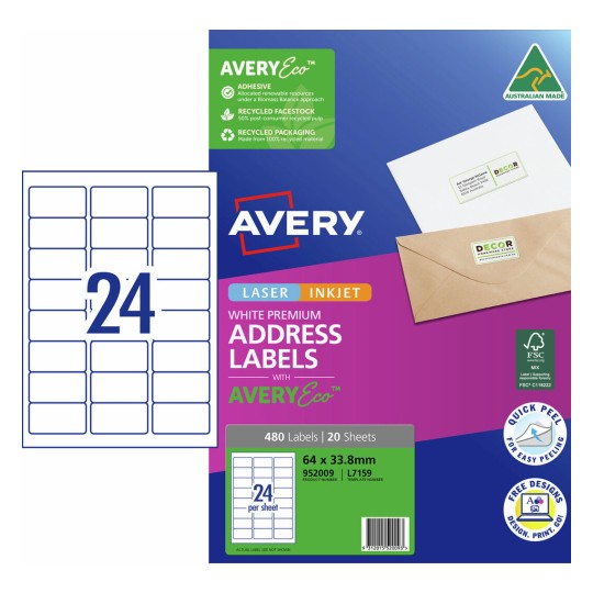 Premium Address Labels with AveryEco™ 952009 Content: 480 Labels / 20 Sheets