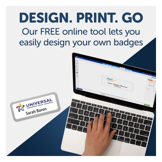 The image showcases a laptop screen featuring an online tool for designing badges. There is a hand on the keyboard, and a sample badge displaying the name 'Sarah Baron' is visible.