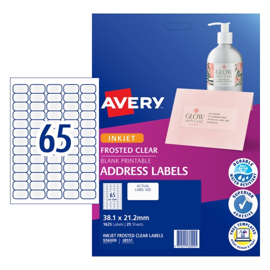 Frosted Clear Address Labels 936009 Content: 1625 Labels / 25 Sheets
