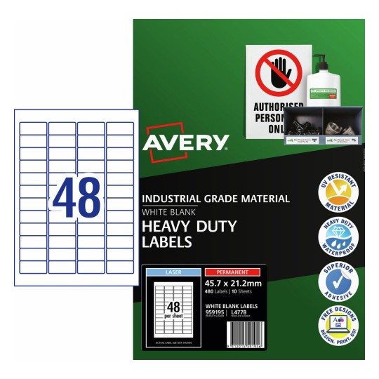 White Heavy Duty Labels 959195 Content: 480 Labels / 10 Sheets