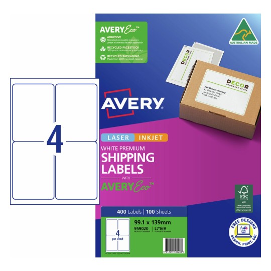 Premium Shipping Labels with AveryEco™ 959020 Content: 400 Labels / 100 Sheets