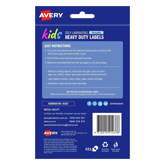 The image shows a package of self-laminating heavy-duty labels by Avery, designed for kids. It includes easy instructions for use and specifies that the labels are suitable for various items and safe for dishwashers, freezers, and microwaves.