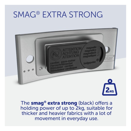The image features a product called SMAG® Extra Strong, which is a magnetic badge holder with a holding power of up to 2kg. It's designed for thicker and heavier fabrics and includes warnings related to pacemakers.