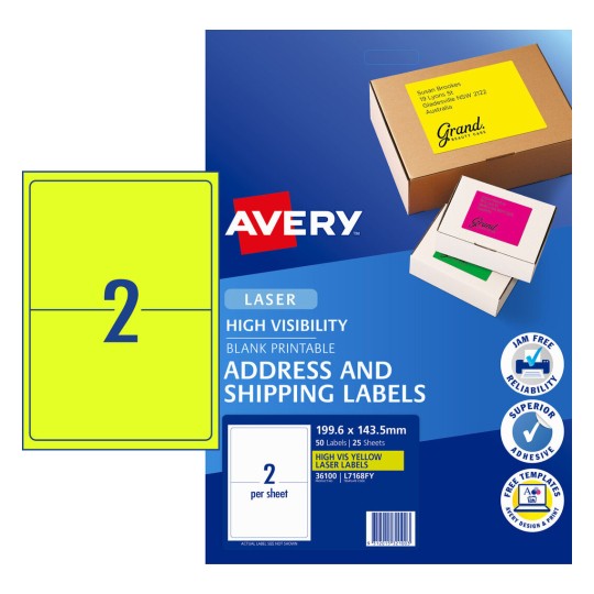 Fluoro Yellow High Visibility Shipping Labels 36100 Content: 50 Labels / 25 Sheets