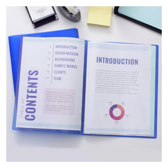The image shows an open binder with a table of contents on the left page and an introduction on the right. The table of contents lists various sections including introduction, vision-mission, background, sample works, clients, and team. The introduction page provides a description of a business proposal.