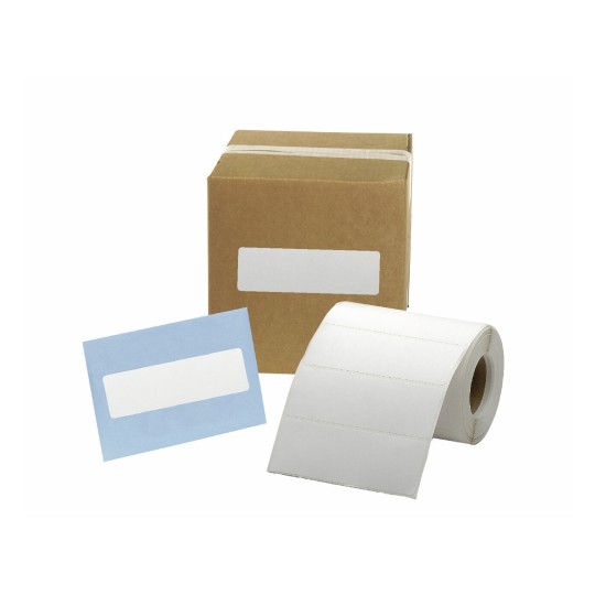 The image displays a cardboard box, a blue envelope, and a roll of blank adhesive labels. The box and envelope both have label spaces, ideal for shipping or organization purposes.