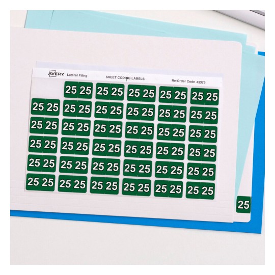 The image shows a sheet of green coding labels with the number '25' printed on them, accompanied by colored file folders in the background.