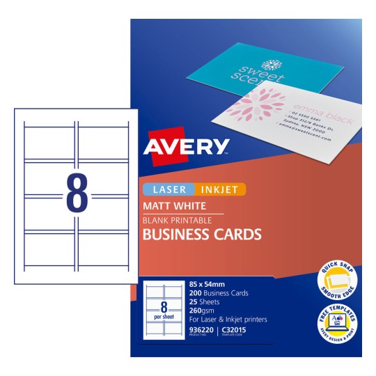 Matt Finish Business Cards 936220 Content: 200 Cards / 25 Sheets