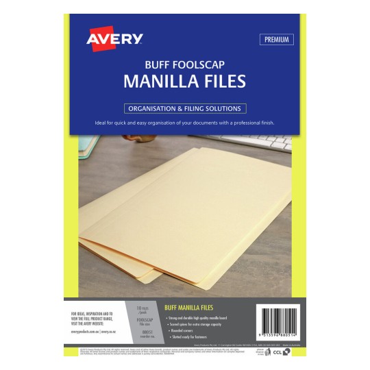 This image shows a pack of buff foolscap manila files by Avery. The packaging indicates that it contains 10 files and states their features, including strong and durable material, scored spines for extra storage capacity, rounded corners, and slots for fasteners. It emphasizes organization and filing solutions.