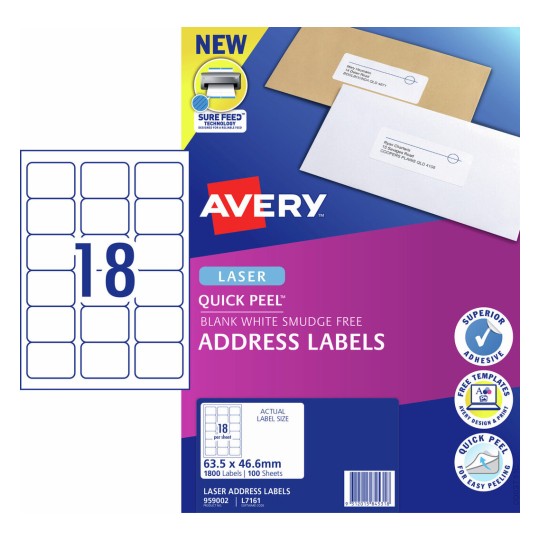 Quick Peel Address Labels with Sure Feed 959002 Content: 1800 Labels / 100 Sheets