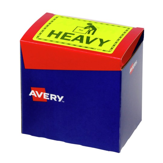 The image shows a colorful box with a red top and blue sides labeled as 'HEAVY' with a caution symbol. The box is from the brand Avery.