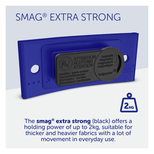 The image features a blue magnetic fastener labeled 'SMAG® EXTRA STRONG,' highlighting its holding power of up to 2kg. It is suitable for thicker fabrics and includes several language warnings about its use around pacemakers.