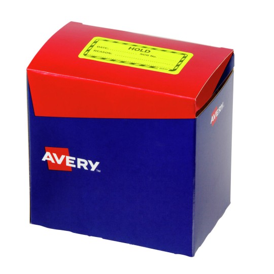 The image shows a blue and red box labeled 'Avery.' The top features a yellow sticker labeled 'HOLD' with spaces for a date and reason.