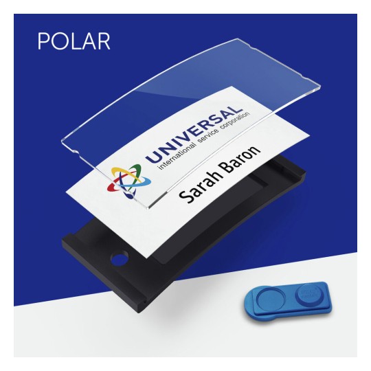 The image depicts a name badge holder containing a card labeled 'UNIVERSAL international service corporation' and the name 'Sarah Baron.' It features a transparent cover, a black base, and a blue button accessory, all against a blue and white background.