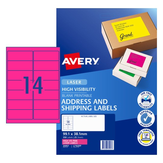 Fluoro Pink High Visibility Shipping Labels 35957 Content: 350 Labels / 25 Sheets