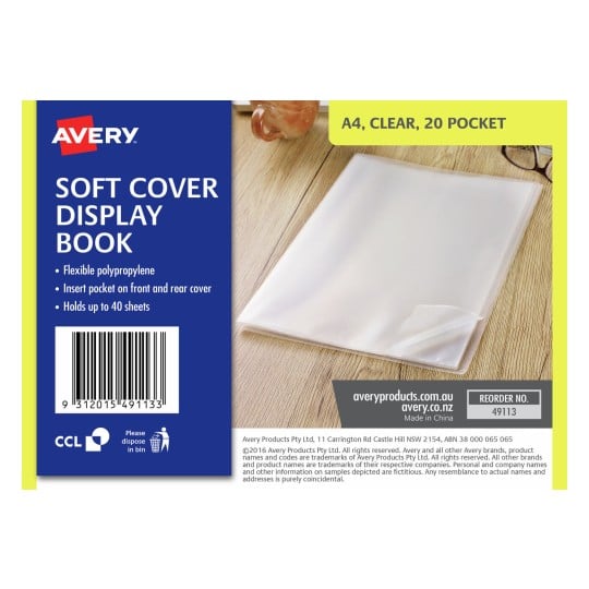 The image shows a soft cover display book from Avery with a clear cover and specifications indicating it holds up to 40 sheets. It features insert pockets and is made of flexible polypropylene.