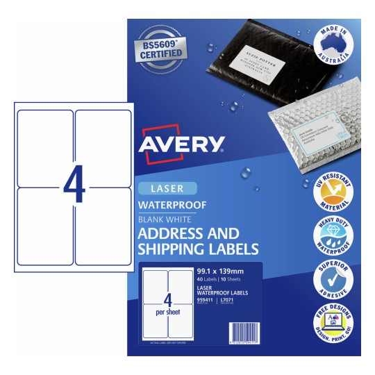 Waterproof Shipping Labels 959411 Content: 40 Labels / 10 Sheets