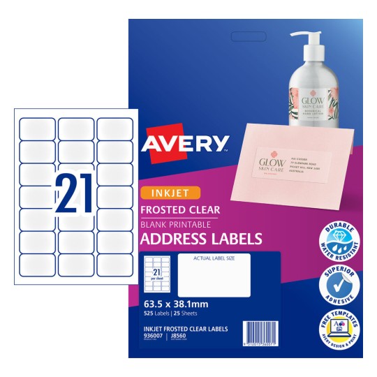 Frosted Clear Address Labels 936007 Content: 525 Labels / 25 Sheets