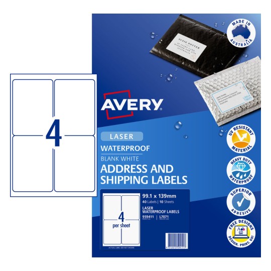 Waterproof Shipping Labels 959411 Content: 40 Labels / 10 Sheets