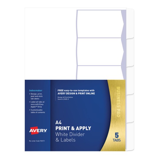 Print & Apply Label Dividers, White, 5 Tabs 930111