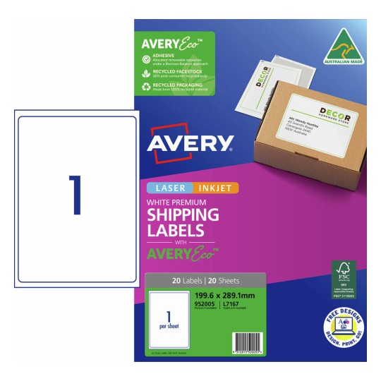 Premium Shipping Labels with AveryEco™ 952005 Content: 20 Labels / 20 Sheets