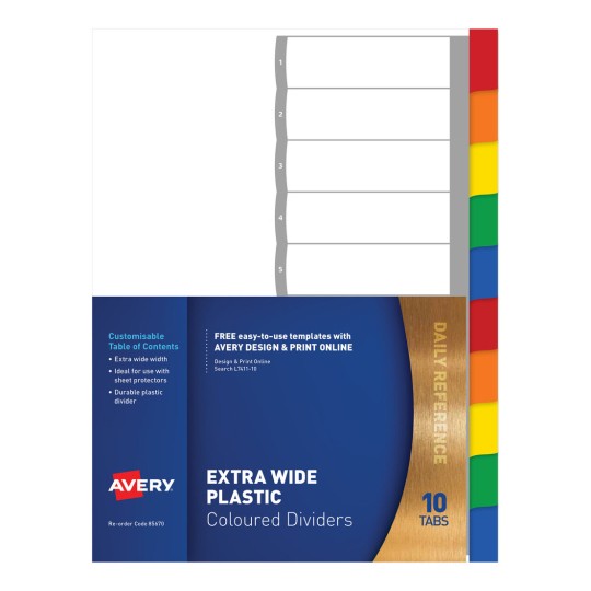Plastic Dividers, Multi-coloured, Extra Wide, 1-10 Tabs 85670