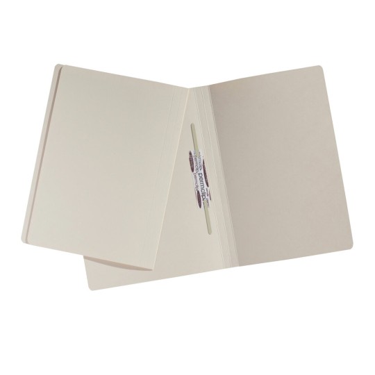 The image shows a blank, open folder with a pen clip on the inside. The folder is beige and features a simple, functional design.