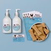 Branding of a pet grooming products. 2 shampoo bottes, business cards and service list is lying on a blue background. Also a bowl of dog biscuits.
