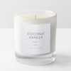 A single lit candle in a clear glass jar. A glittery white label on the jar reads "COCONUT VANILLA CANDLE" and "Net Wt. 6.0oz US. 170g" in a simple font. The background is a plain white surface.