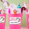 Fabric Name Badges on Lolly Bags Unicorn theme
