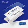 The image contains a name badge or ID card holder with the name 'Sarah Baron' and the logo of 'UNIVERSAL international service corporation.' It features a transparent cover and a blue background.