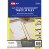 The image shows the packaging of Avery buff foolscap tubeclip files, featuring a blue border. It includes details about the product's organization and filing solutions along with instructions on how to use the tubeclips. The front displays the product name, ideal use, and images depicting its functionality.