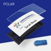 The image features a name badge setup. It includes a clear plastic cover, a white badge displaying the name 'Sarah Baron' and the logo of 'UNIVERSAL international service corporation.' A blue button is also present, likely for securing the badge.
