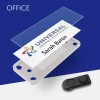 The image features a name badge with a transparent cover and a black clip, displaying the name 'Sarah Baron' and 'UNIVERSAL international service corporation'.