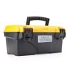 This image shows a black and yellow toolbox labeled 'ERIC'S TOOLBOX'. It features a sturdy handle and latches for secure closure. The design suggests it's intended for storing tools and equipment, suitable for home or professional use.