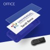 The image features a blue name badge holder displaying a name card for 'Sarah Baron' with the logo of 'UNIVERSAL international service corporation.' A black badge clip is also visible.