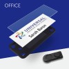 The image displays a business card for 'UNIVERSAL international service corporation' with the name 'Sarah Baron'. It is placed over a black cardholder. The background is a mix of blue and white with the word 'OFFICE' at the top.