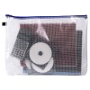 The image shows a transparent mesh pouch containing various items including notebooks, a calculator, and CDs.