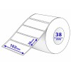 The image shows a roll of paper with dimensions labeled. The paper has a width of 36mm, a length of 102mm, and the roll has a diameter of 38mm.