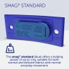 The image features a product called SMAG® Standard, highlighted in blue and purple colors. It indicates that it can hold up to 1 kg, suitable for various fabrics, with warnings related to cardiac pacemakers.