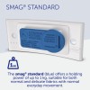 The image shows the SMAG® Standard, a blue magnetic badge holder that can hold up to 1 kg. It includes warnings for pacemaker users and indicates suitability for various fabric types.
