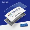 The image shows a name badge setup featuring a clear plastic cover, a white card with the name 'Sarah Baron' and the logo of 'Universal International Service Corporation', along with a blue magnetic fastener, all against a blue background.
