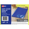 The image shows a blue soft cover display book from Avery, featuring details about its features such as flexible polypropylene material, insert pockets on the front and rear cover, and capacity to hold up to 40 sheets. The background includes a light-colored wooden surface.