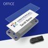 The image shows a business card holder with a card displaying the name Sarah Baron and the logo of Universal International Service Corporation. The background is a mix of blue and white colors.