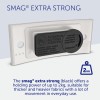 The image shows a product called SMAG® Extra Strong, which features a magnetic fastener with a holding power of up to 2kg, designed for thicker and heavier fabrics. It includes warning signs for users with cardiac pacemakers.