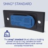 The image shows a blue magnetic fastener called 'SMAG® Standard' with safety warnings related to its use on fabrics. It includes information about its holding power of up to 1 kg and suitability for different types of fabrics.