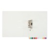 The image features a white folder opened to show a small metal binder clip located in the center. The folder includes tabs on the bottom with various colors.