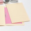 The image shows a beige folder with a pink sheet inside. There are also paper clips in a bowl and a stapler in the background, along with some stacked notepads.