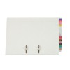The image shows a white binder with visible metal rings and colored tabs on the side for organization. It appears designed for holding documents or reports.